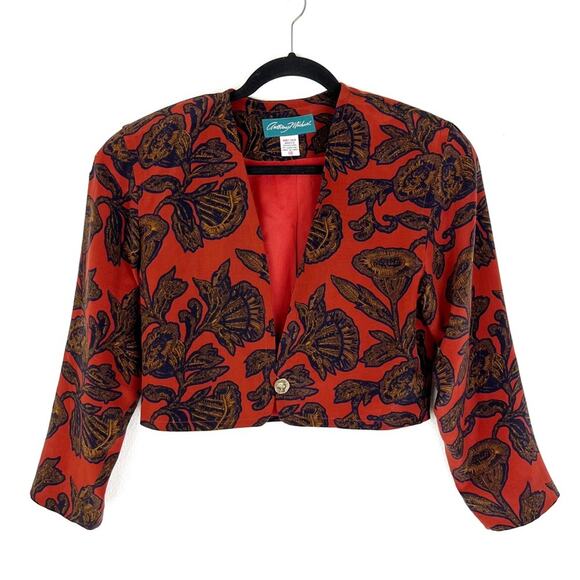 Vintage Anthony Michael Silk Bolero Jacket Red Gold Floral Cameo Button Cropped - Picture 1 of 8